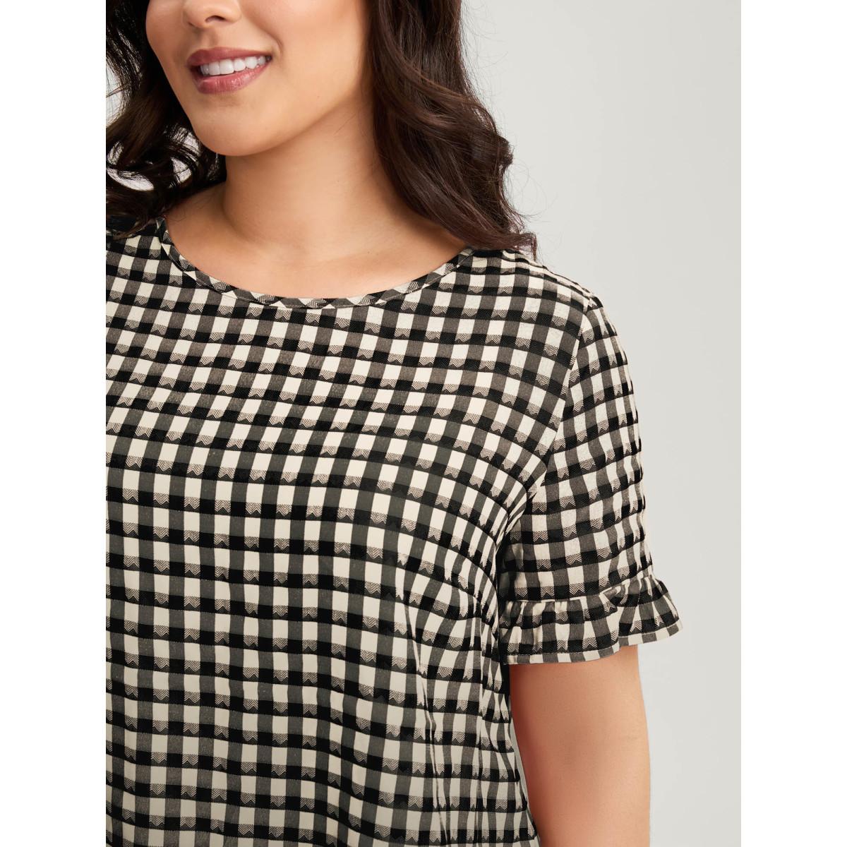 Plus Size Black Gingham Print Button Back Blouse Women Short sleeve Round Neck Everyday-Casual Blouses BloomChic 10/M Product Image