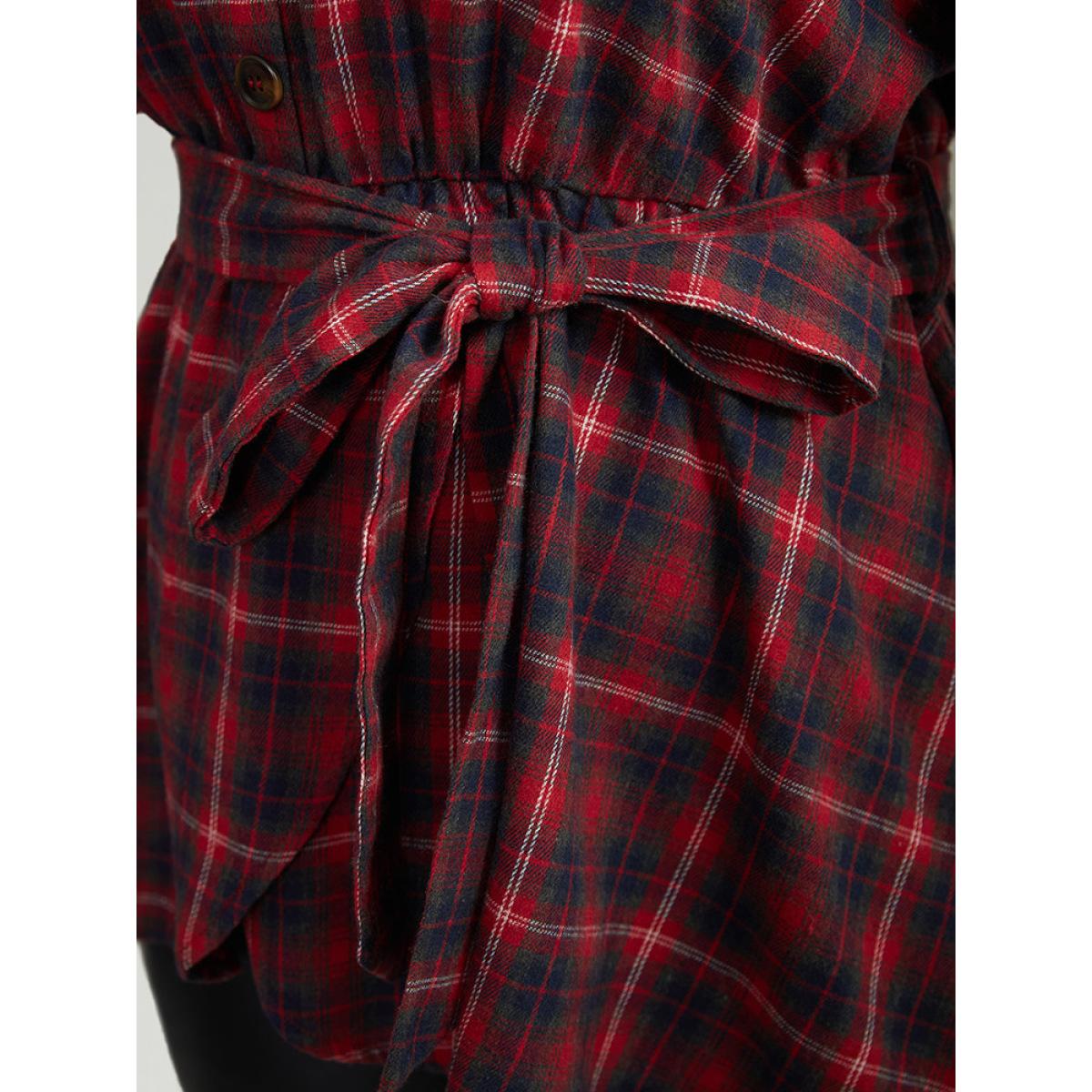 Plus Size Raspberry Plaid Shirt Collar Belted Button Through Blouse Women Elegant Long Sleeve Shirt collar Festival-Christmas Blouses BloomChic 12/L Product Image