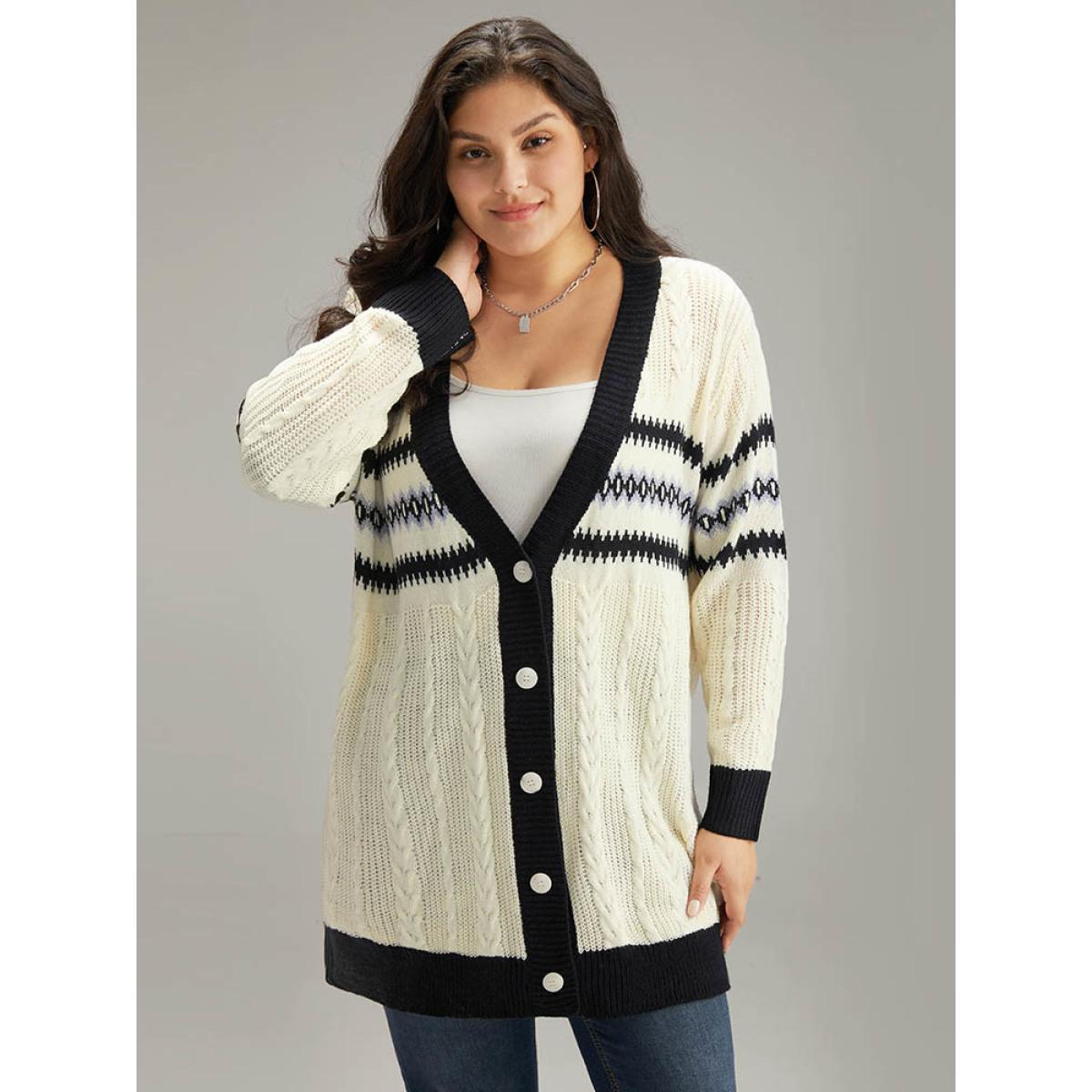 Plus Size Cable Knit Striped Geo Button Fly Cardigan Beige Women Casual Loose Long Sleeve Dailywear Cardigans BloomChic 10/M Product Image
