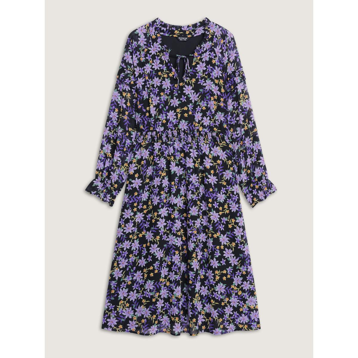Plus Size Chiffon Floral Print Ruffled Midi Dress Black Women Timeless Tie knot Flat collar with V-notch Long Sleeve Curvy BloomChic 26/4X Product Image