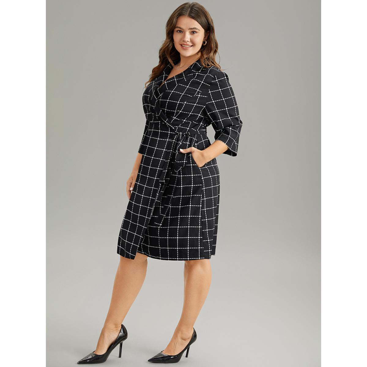 Plus Size Plaid Suit Collar Pocket Ties Wrap Dress Black Women Office Wrap Suit Collar Elbow-length sleeve Curvy Midi Dress BloomChic 18-20/2X Product Image