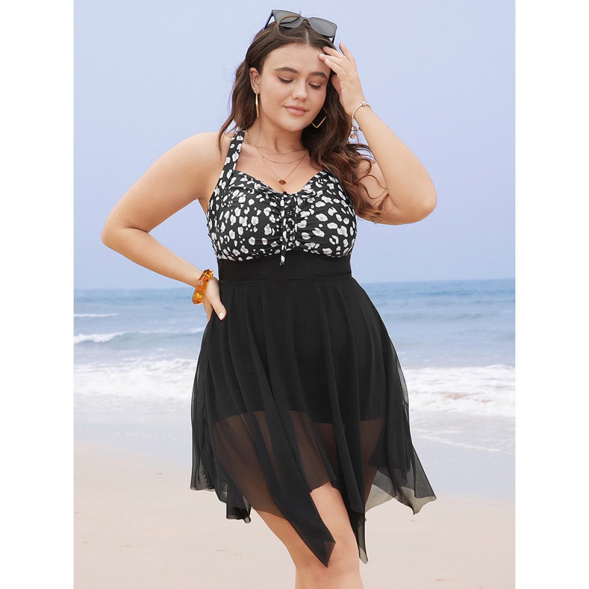 Plus Size Leopard Patchwork Drawstring Front Mesh Hanky Hem Swim Dress Women's Swimwear Black Vacation Bodycon Spaghetti Strap High stretch Curve Swim Dresses BloomChic 14-16/1X Product Image