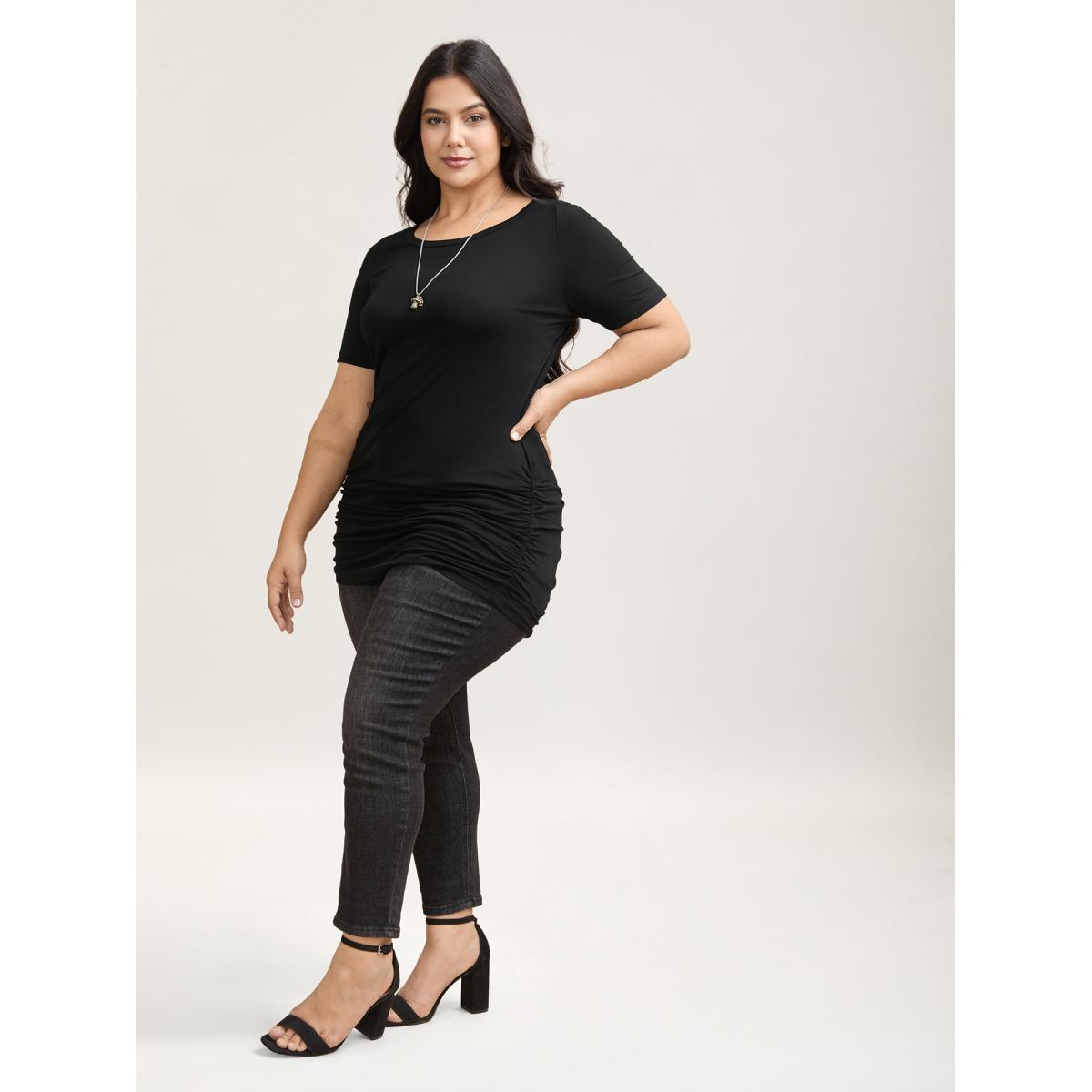 Plus Size Stretchy Ruched Fitted Long T-Shirt Black Women Casual Gathered Round Neck Bodycon Everyday T-shirts BloomChic 18-20/2X Product Image