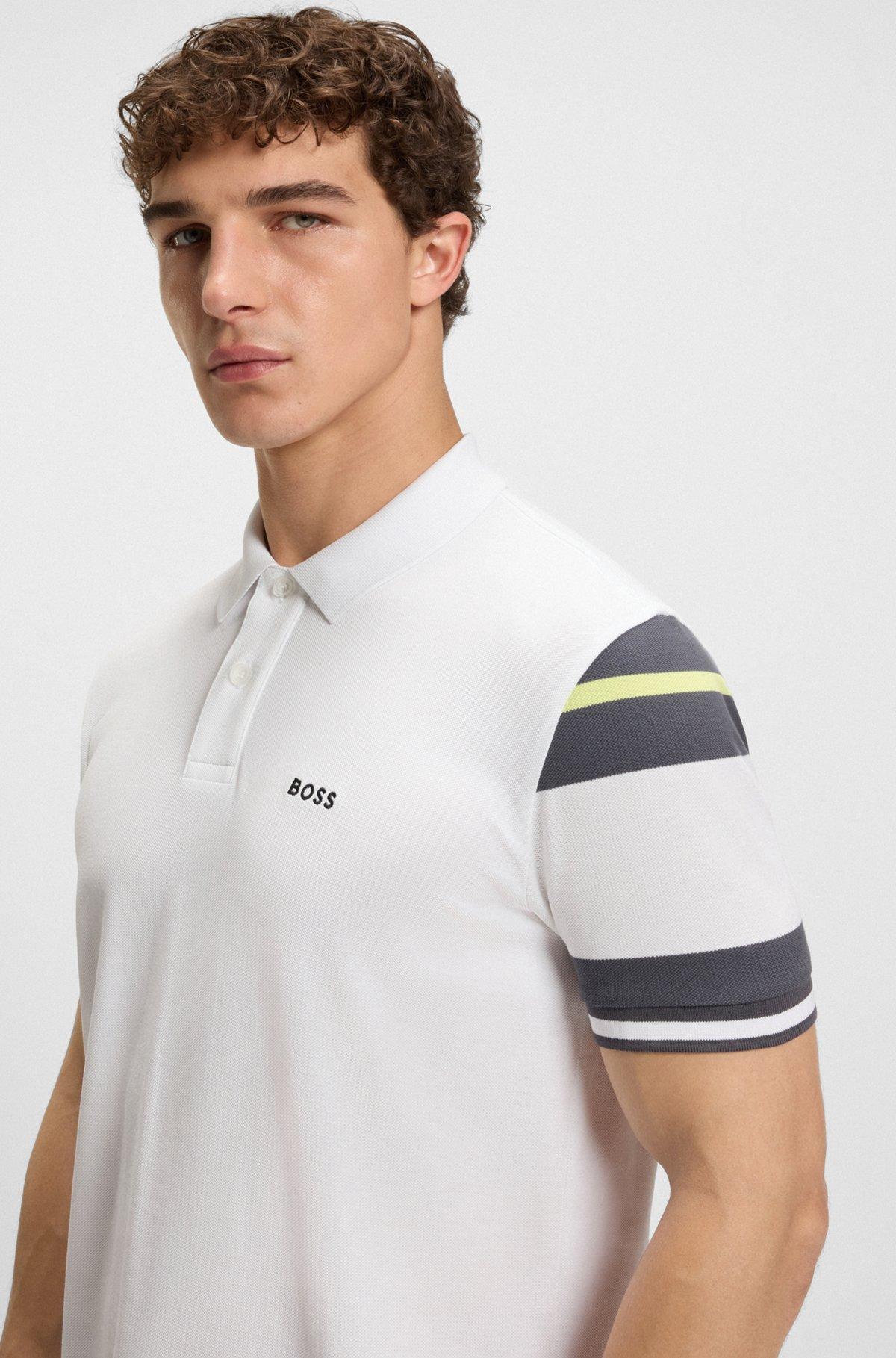 BOSS - Slim-fit polo shirt in cotton with block stripes - White Product Image