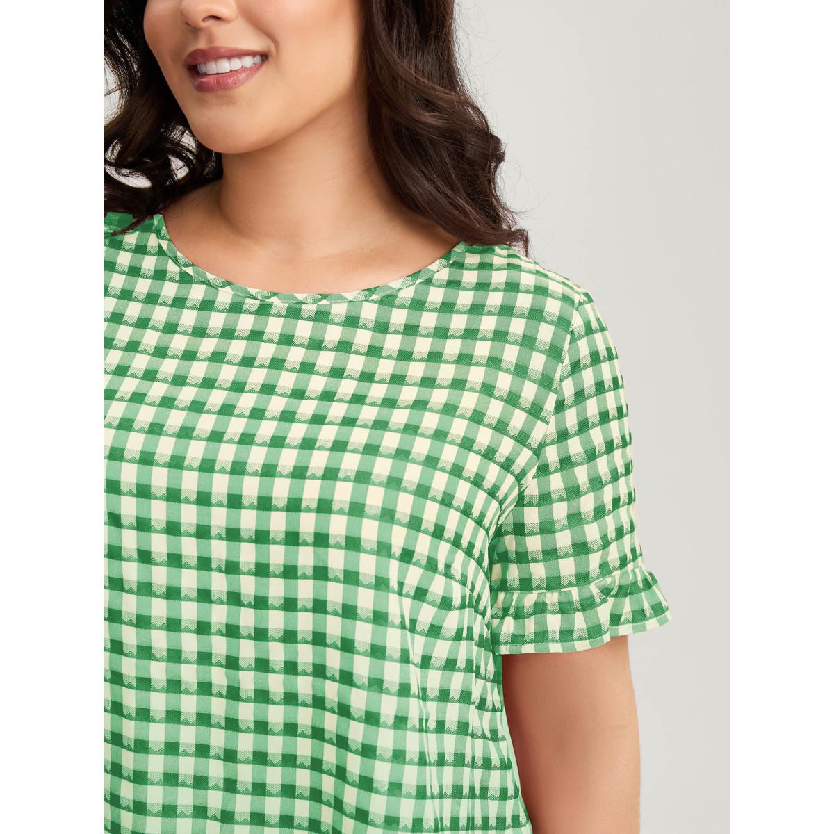 Plus Size Malachitegreen Gingham Print Button Back Blouse Women Short sleeve Round Neck Everyday-Casual Blouses BloomChic 12/L Product Image