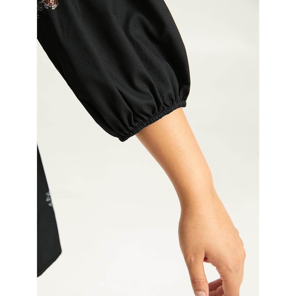 Plus Size Black Boho Print Lantern Sleeve Button Detail Blouse Women Vacation Elbow-length sleeve Round Neck Vacation Blouses BloomChic 14-16/1X Product Image