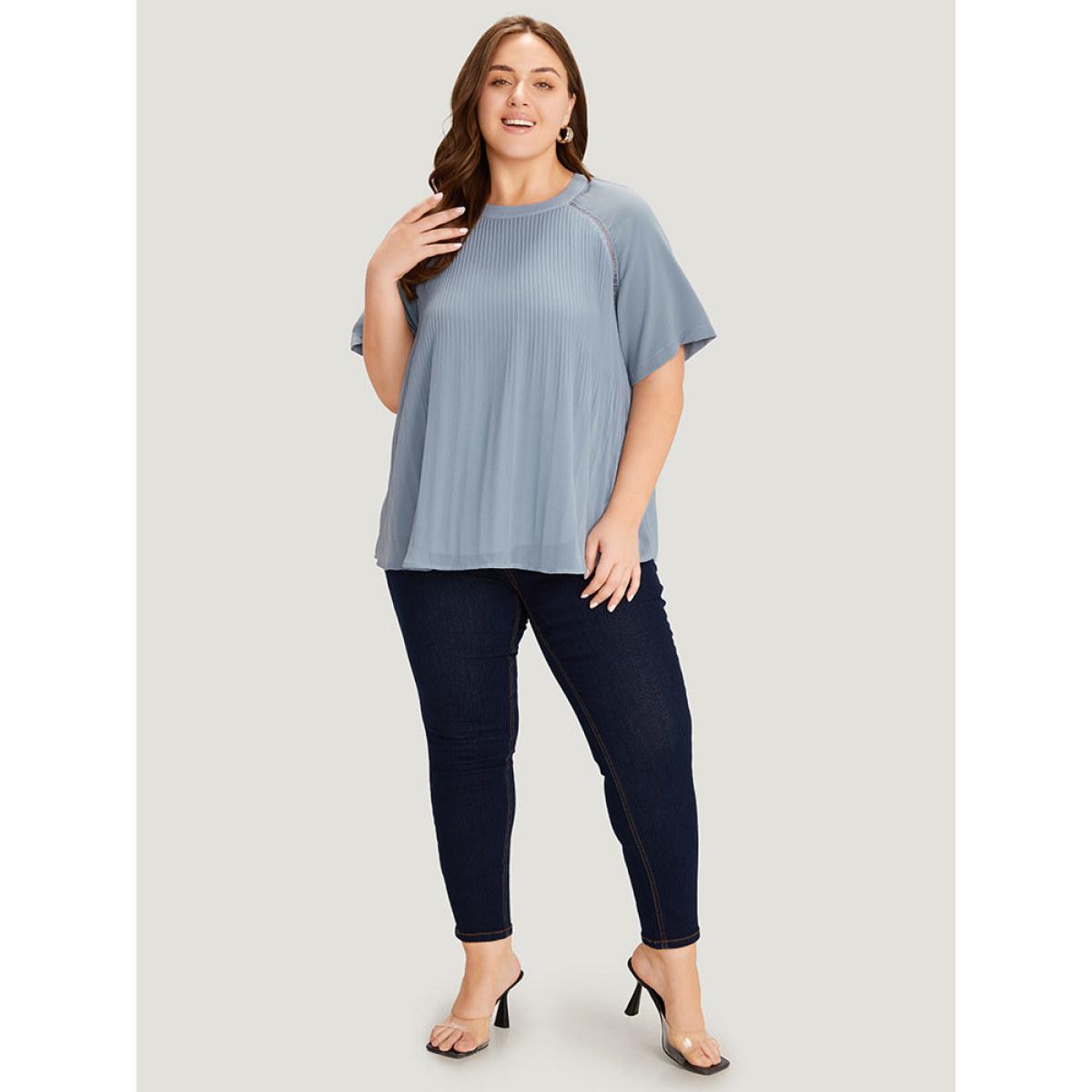 Plus Size Stone Solid Pleated Raglan Sleeve Patchwork Blouse Women Elegant Short sleeve Round Neck Dailywear Blouses BloomChic 14-16/1X Product Image