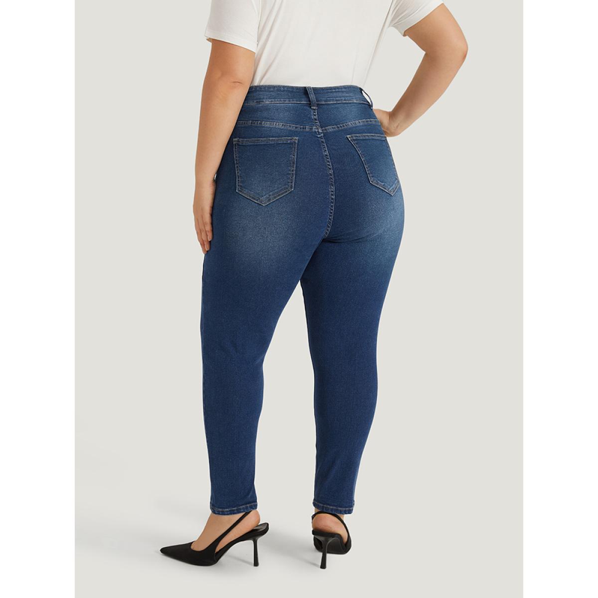 Plus Size Solid Very Stretchy Patchwork High Rise Jeans Women Blue Casual Plain Plain High stretch Pocket Jeans BloomChic 10/M Product Image