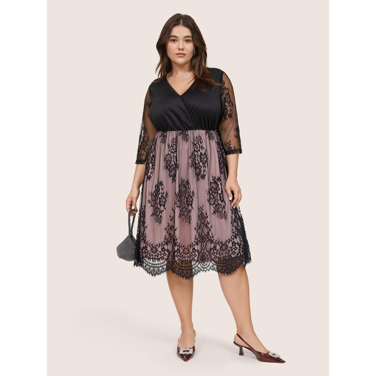 Plus Size Crochet Lace Mesh Overlap Collar Dress Black Women Glamour Lined Overlap Collar Elbow-length sleeve Curvy Midi Dress BloomChic 14-16/1X Product Image