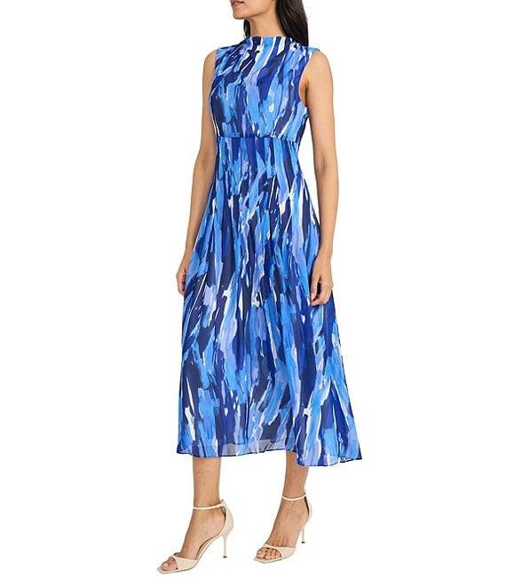 Maggy London Chiffon Multi Print Mock Neck Sleeveless Blouson Midi Dress Product Image