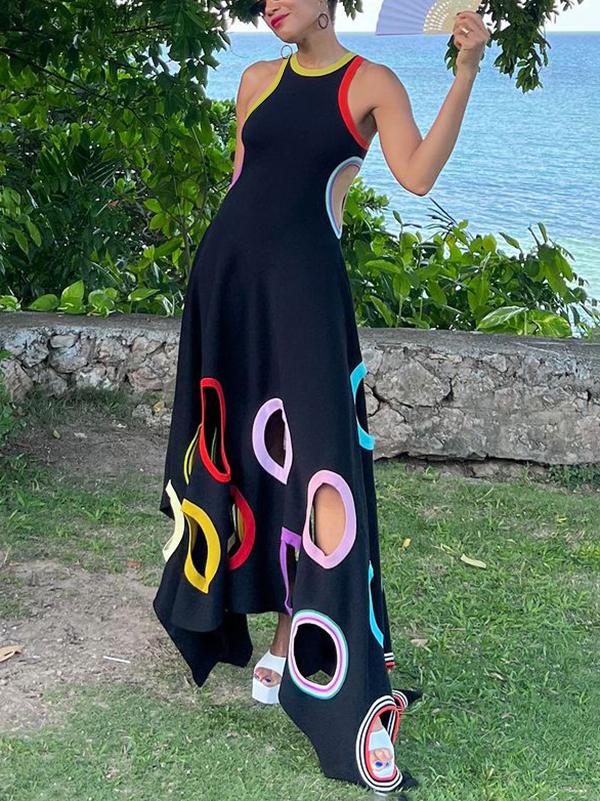 A-Line High Waisted Contrast Color Hollow Round-Neck Maxi Dresses Product Image