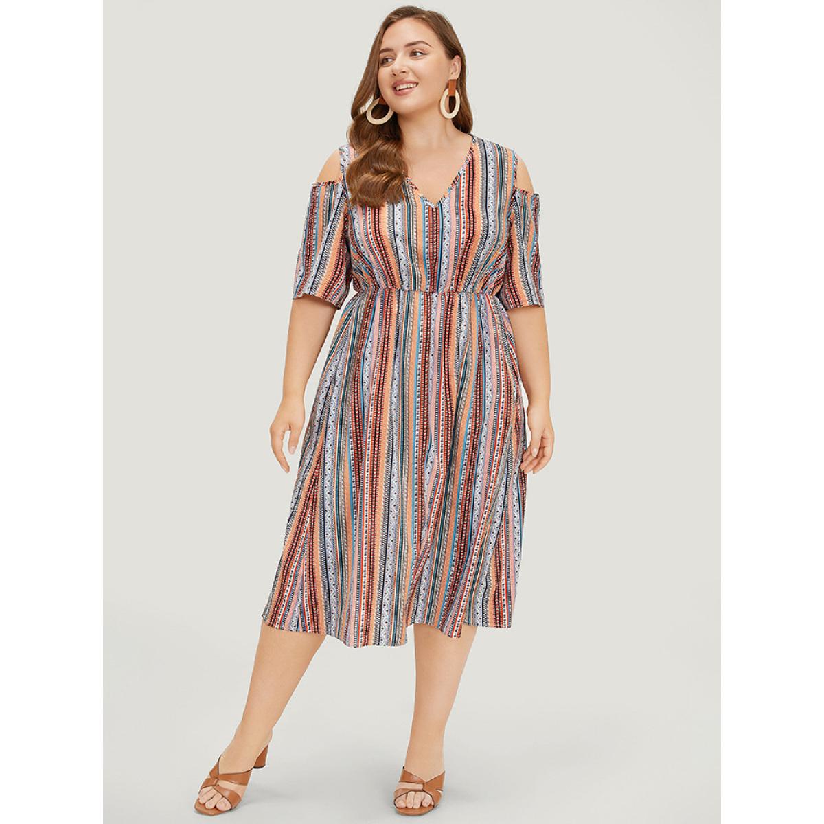 Plus Size Rainbow Striped Pocket Cold Shoulder Dress Multicolor Women Vacation V-neck Short sleeve Curvy Midi Dress BloomChic 14-16/1X Product Image