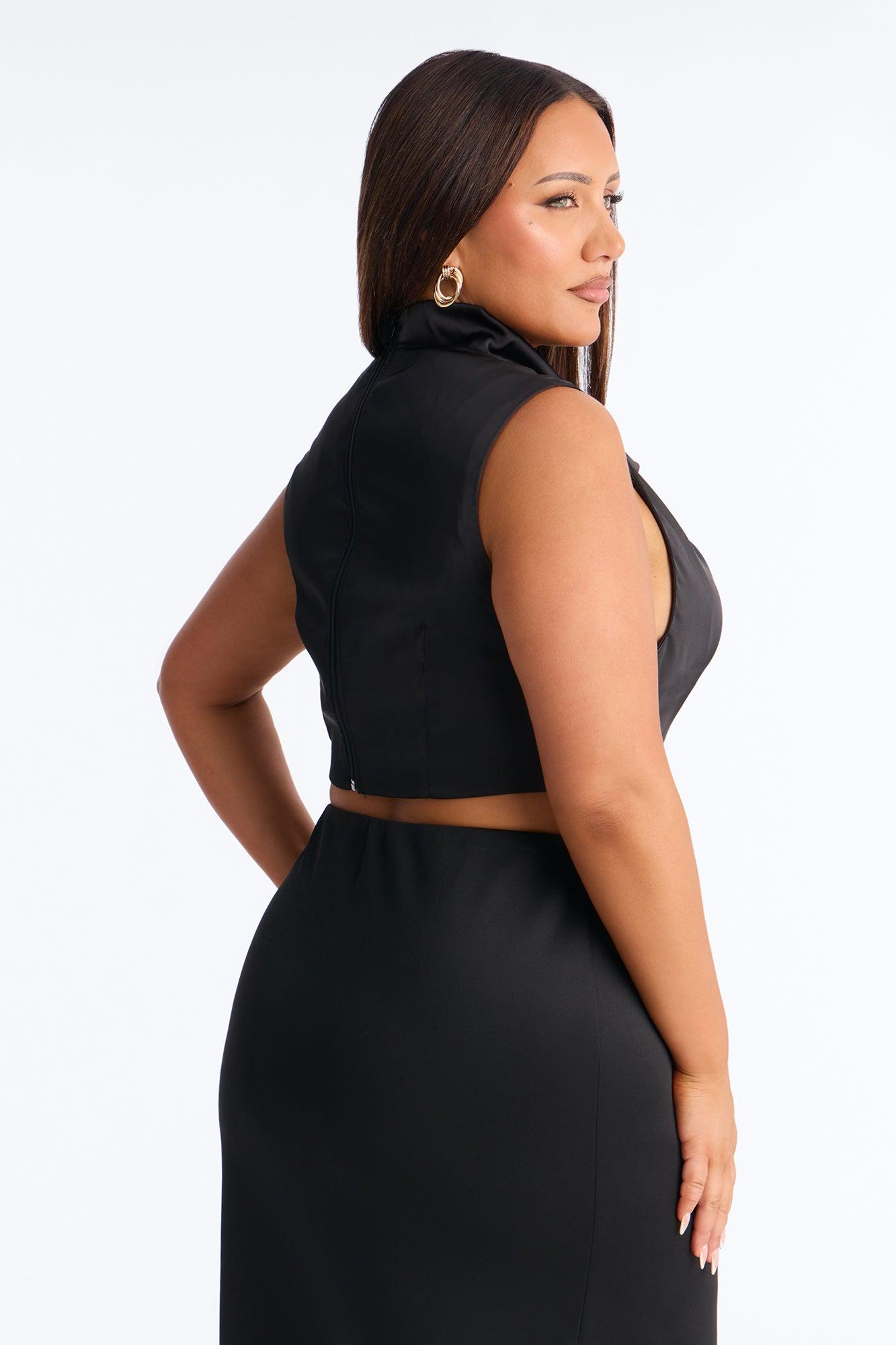 Belong To The Night High Cowl Neck Satin Top - Black Female Product Image
