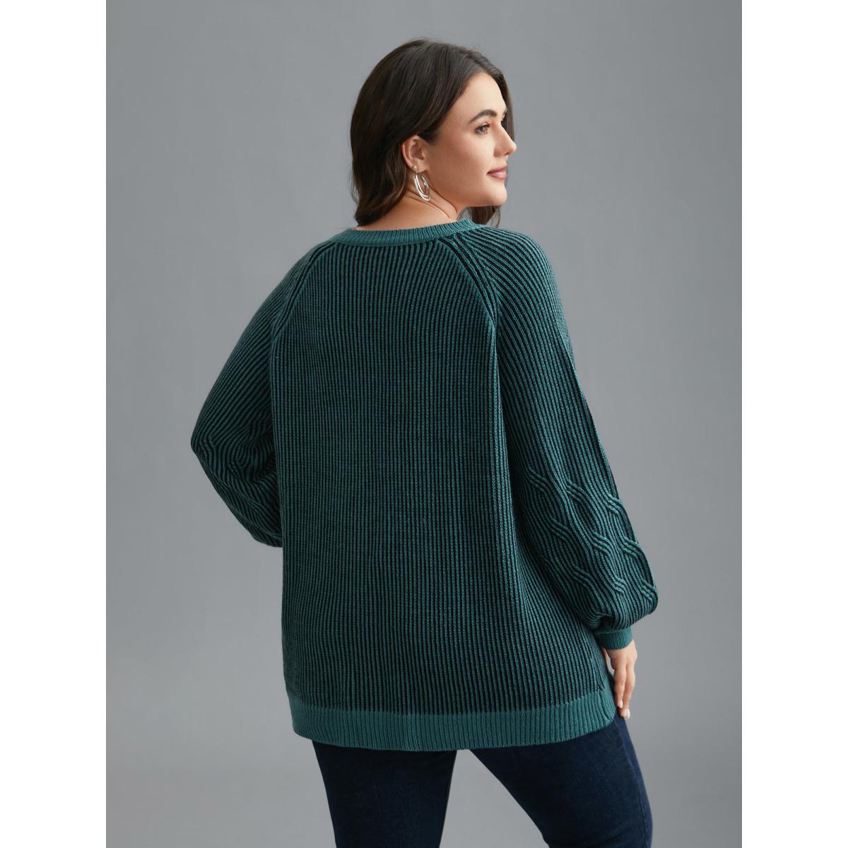 Plus Size Cable Knit V-Neck Raglan Sleeve Pullover Cyan Women Casual Loose Long Sleeve V-neck Everyday Pullovers BloomChic 26/4X Product Image