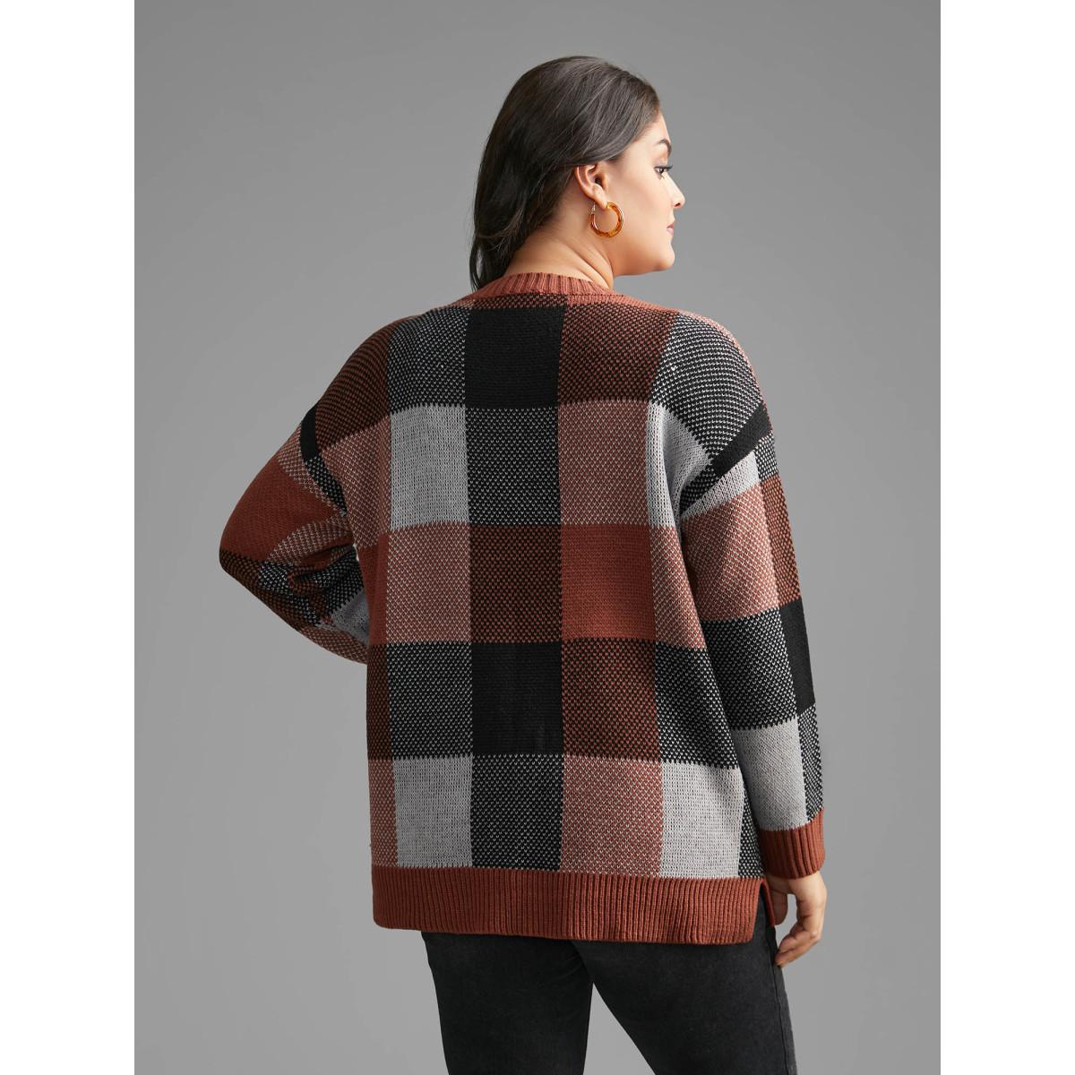 Plus Size Plaid Contrast Slit Hem Pullover Yellowishbrown Women Casual Loose Long Sleeve Round Neck Everyday Pullovers BloomChic 12/L Product Image