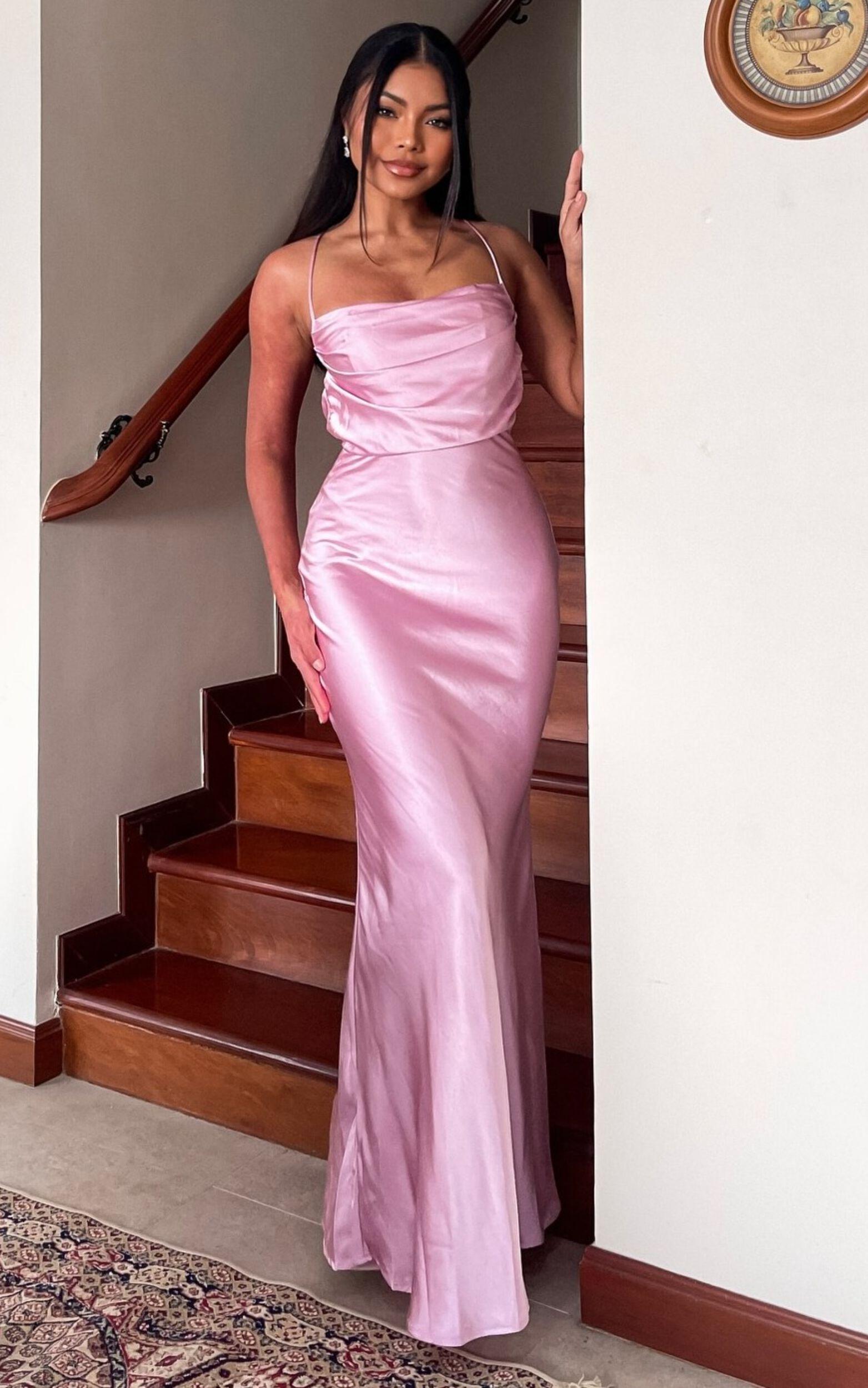 Hanna Maxi Dress - Satin Cowl Neck Low Back Dress in Pink Product Image
