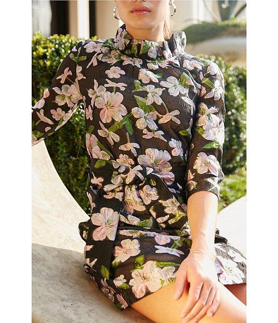 Abbey Glass Claudine Organza Floral Jacquard Ruffle Mock Neck 3/4 Sleeve Tie at Waist Above the Knee Shift Dress Product Image