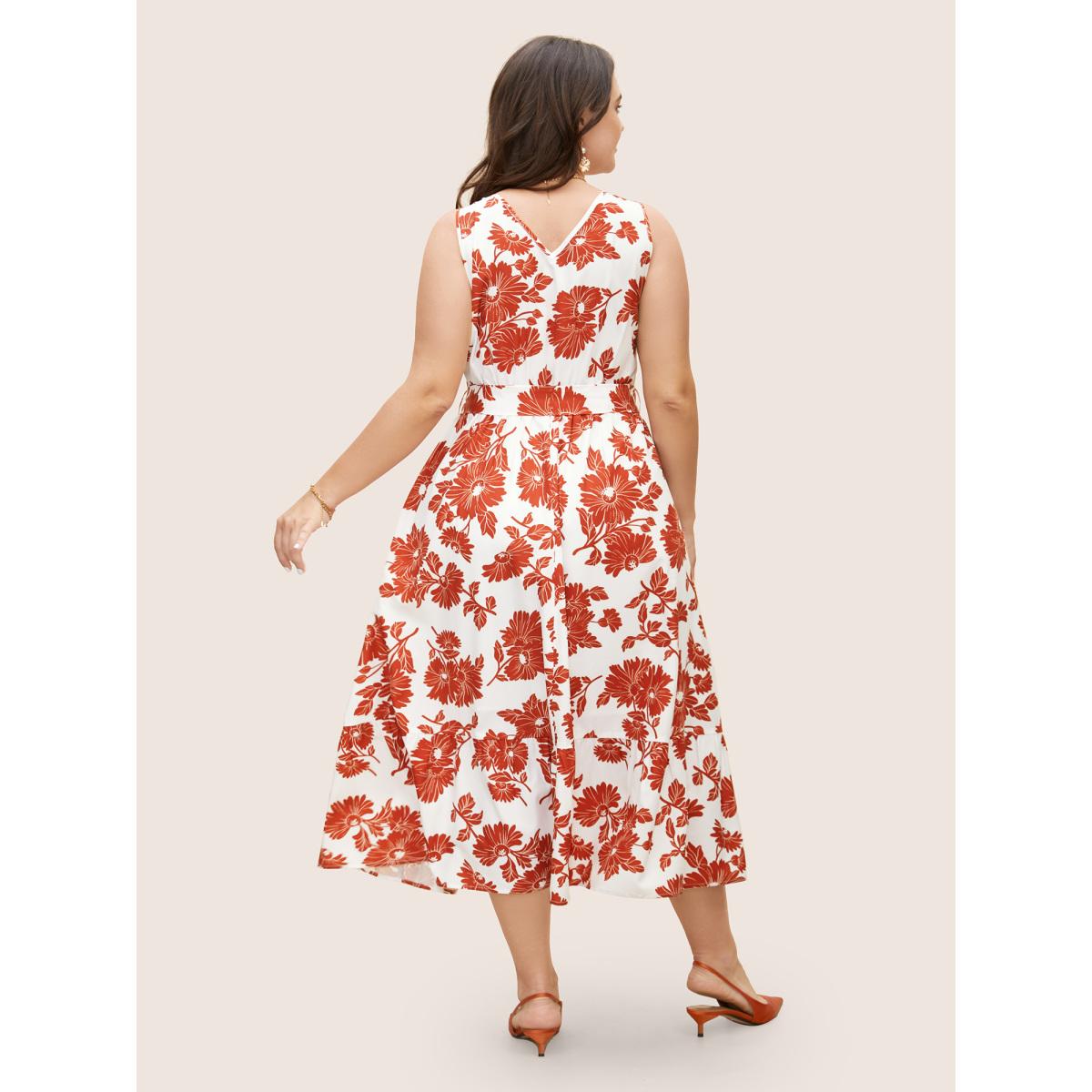 Plus Size Overlap Collar Floral Sleeveless Belted Dress Crimson Women Elegant Belted Overlap Collar Sleeveless Curvy BloomChic 10/M Product Image