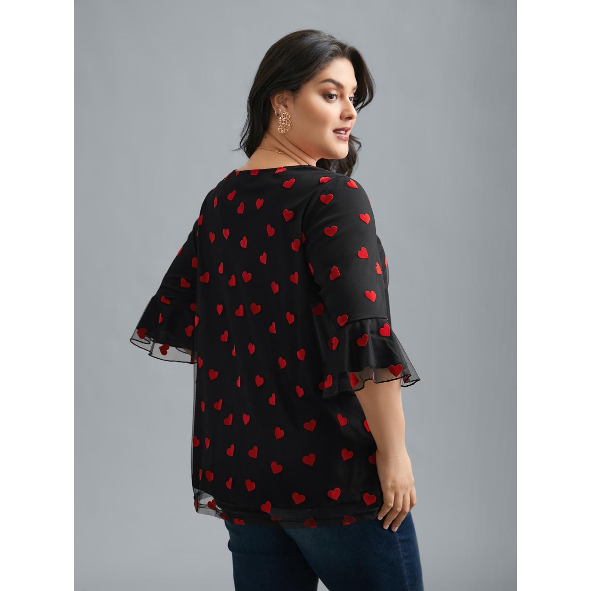 Plus Size Black V-Neck Hearts Mesh Lace Detailing Blouse Women Elegant Elbow-length sleeve V-neck Everyday Blouses BloomChic 14-16/1X Product Image
