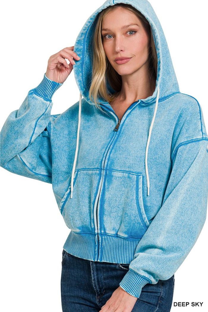 Acid wash fleece cropped zip-up hoodie w pockets Product Image