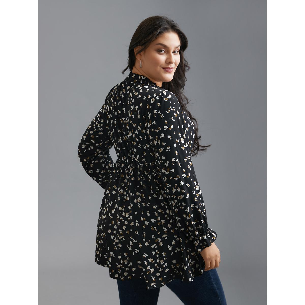 Plus Size Black Color Leopard Print Frill Trim Blouse Women Elegant Long Sleeve Round Neck Everyday Blouses BloomChic 30/6X Product Image