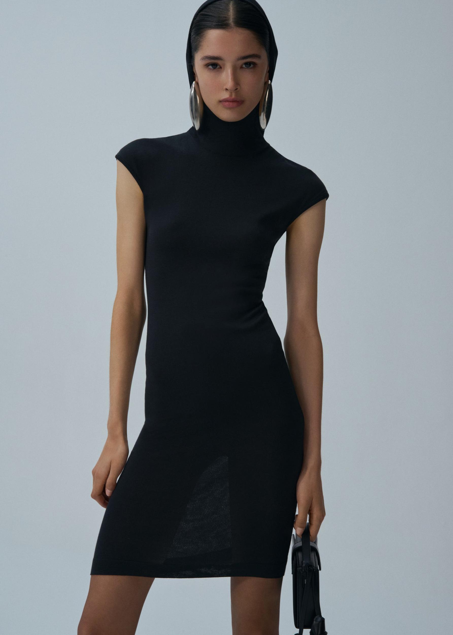 Hooded silk knitwear dress in black Product Image