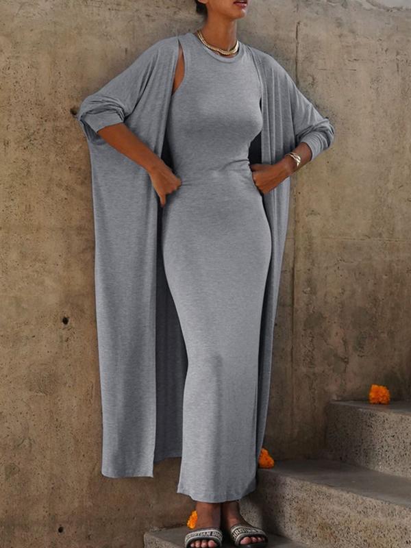 Long Sleeves Solid Color Round-Neck Inner Dress + Bodycon Outerwear Two Pieces Set Product Image