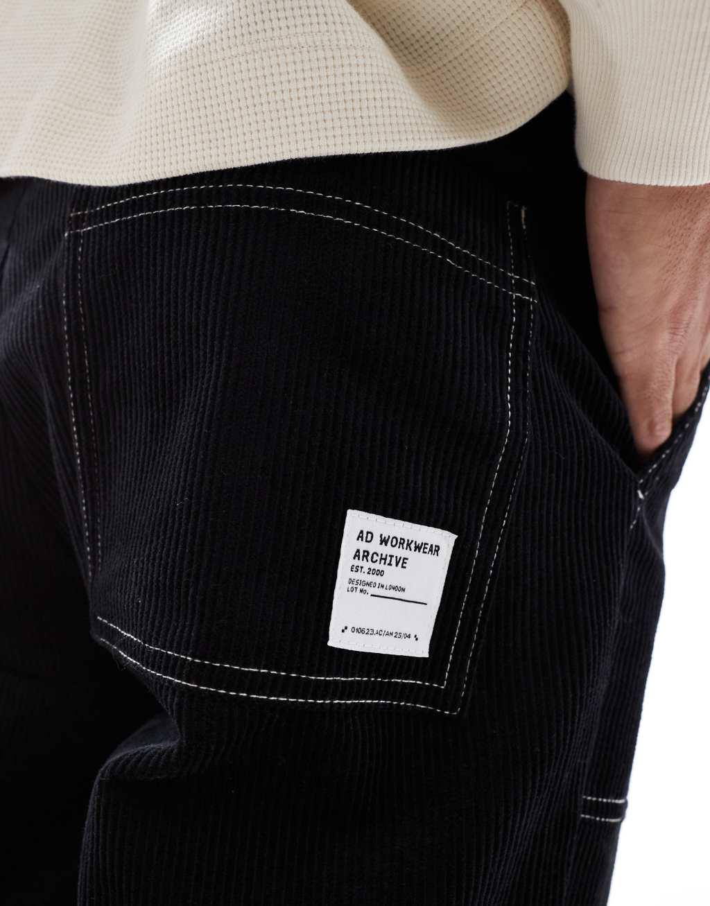 ASOS DESIGN straight leg cord pants with contrast stitch in black   | ASOS Product Image