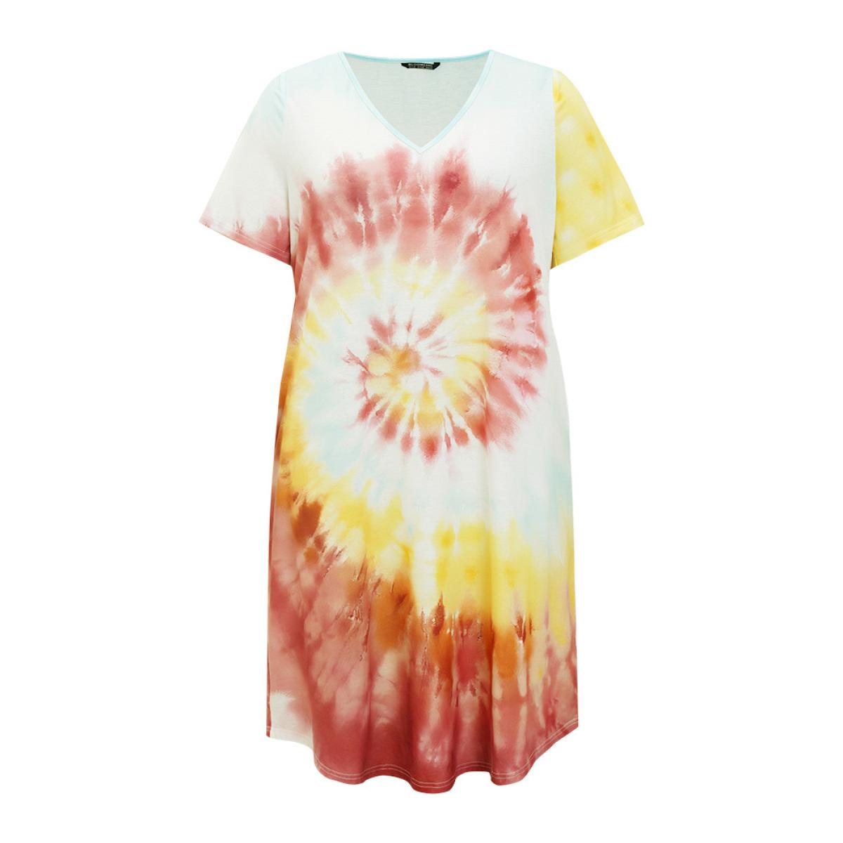 Plus Size Tie Dye Pocket Short Sleeve V Neck Midi Dress Multicolor Women Casual Printed V-neck Short sleeve Curvy Midi Dress BloomChic 12/L Product Image
