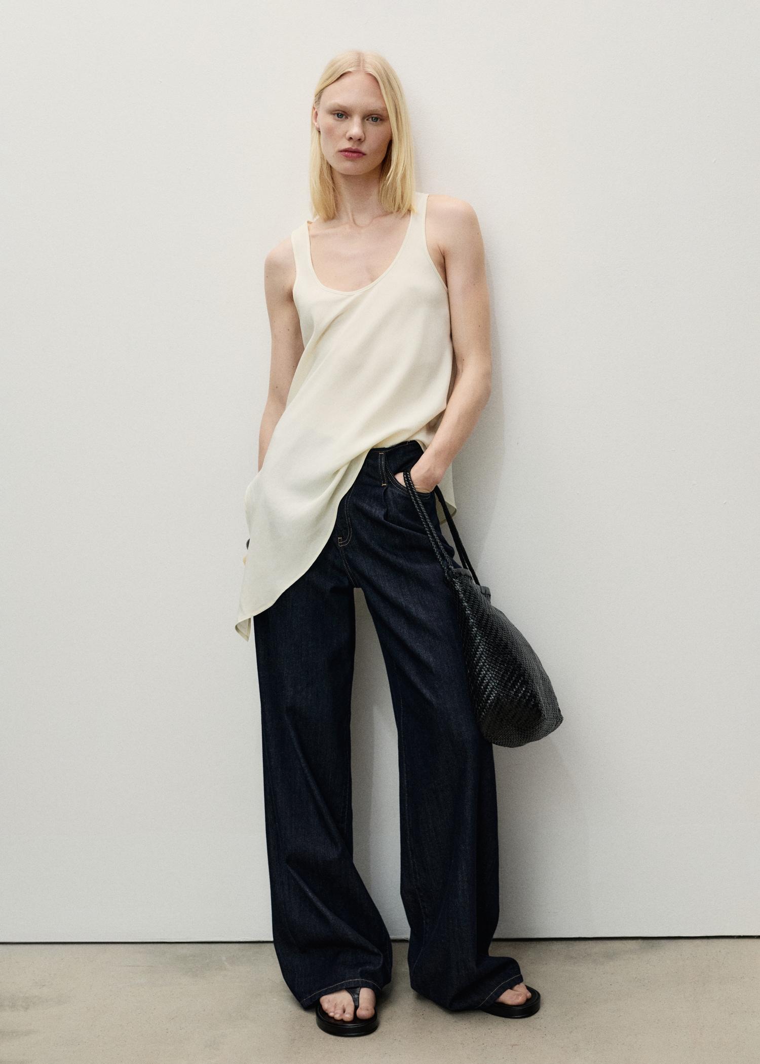 Wide-leg denim pants with frayed waist - Women | MANGO USA Product Image