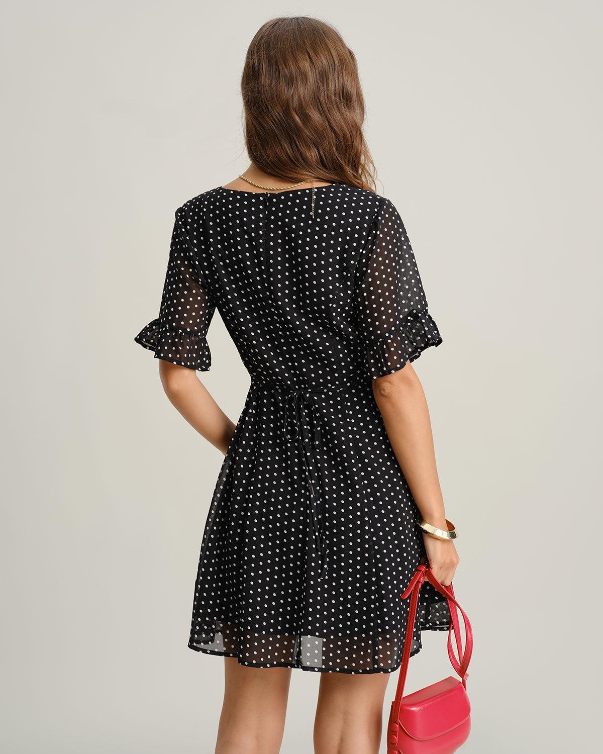 Black Polka Dot V Neck Ruffle Mini Dress Product Image