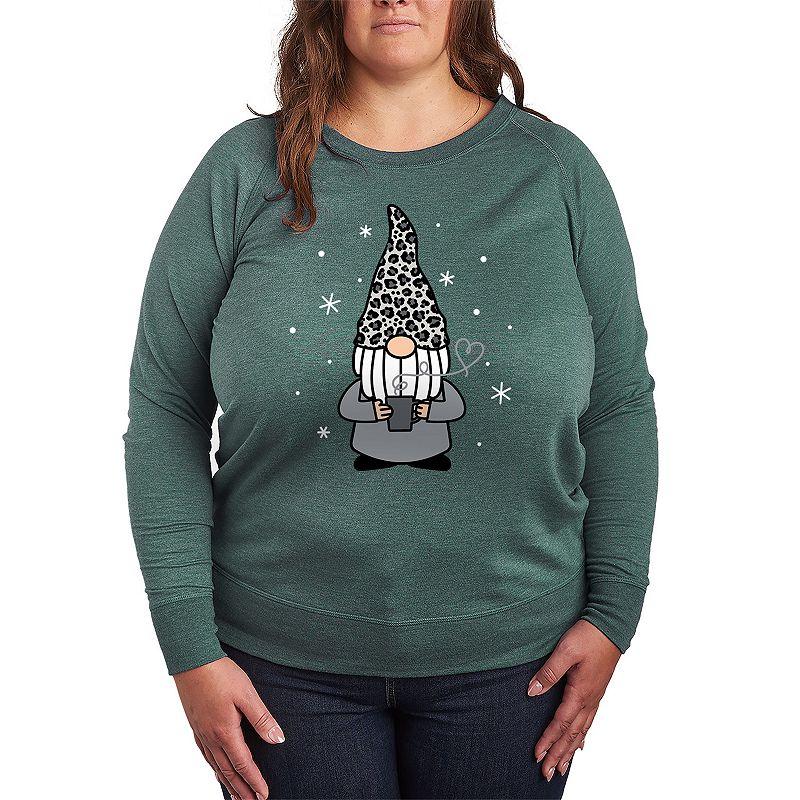 Plus Size Snow Leopard Print Coffee Gnome French Terry Long Sleeve Tee, Womens Grey Green Product Image
