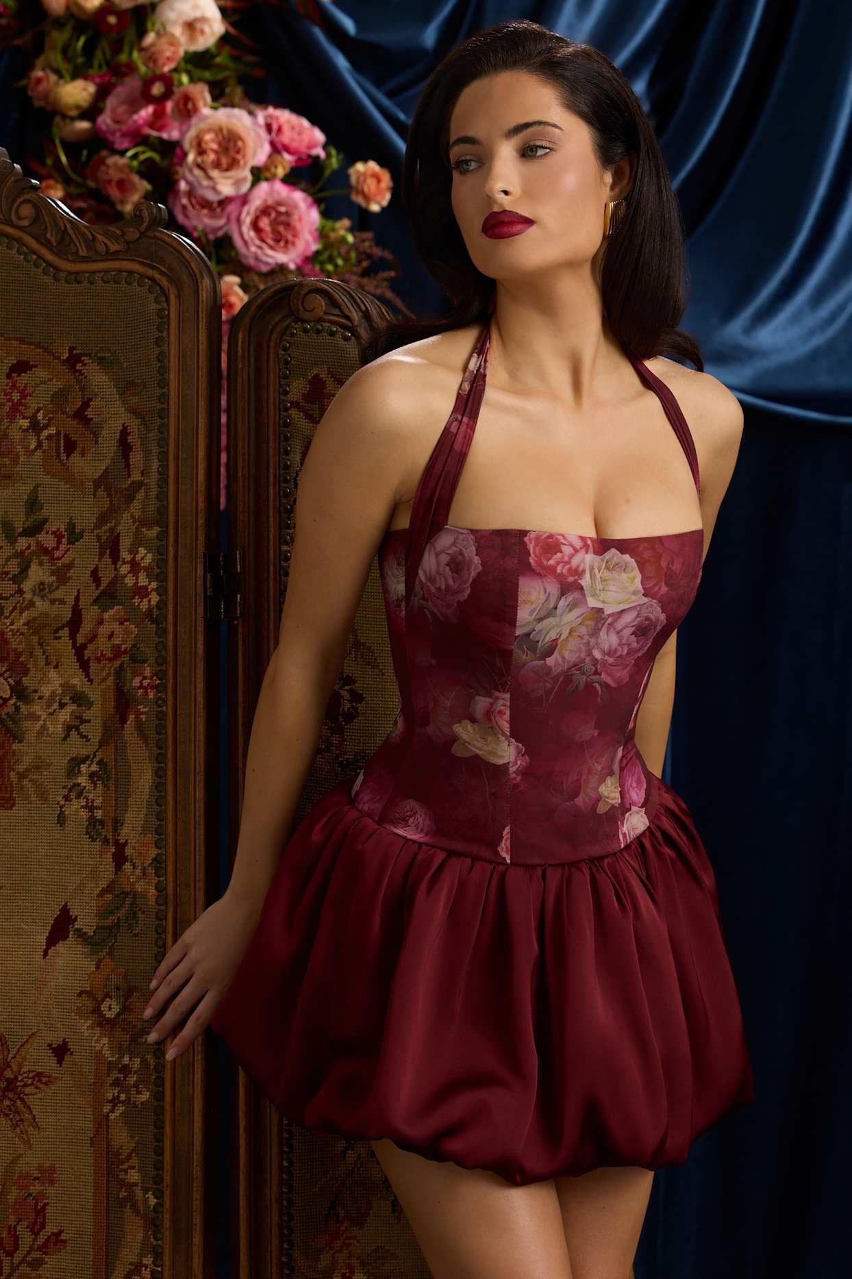 Halterneck Lace-Up Bubble Hem Mini Dress in Maroon Floral Print Product Image