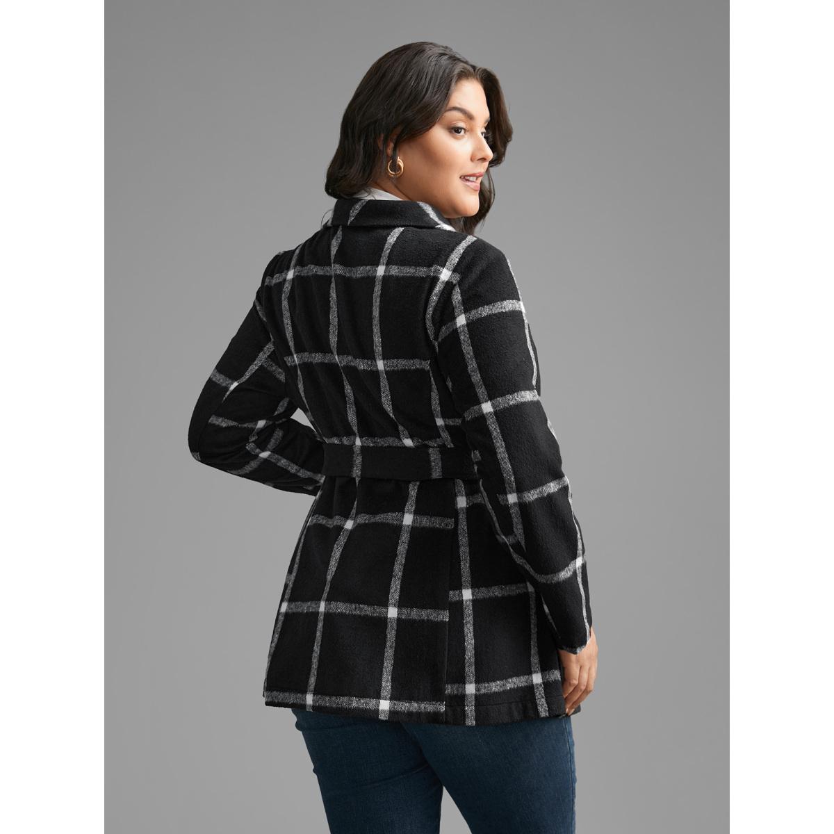 Plus Size Plaid Lapel Collar Belted Jacket Women Black Belted Slanted pocket Belt Everyday Jackets BloomChic 28/5X Product Image