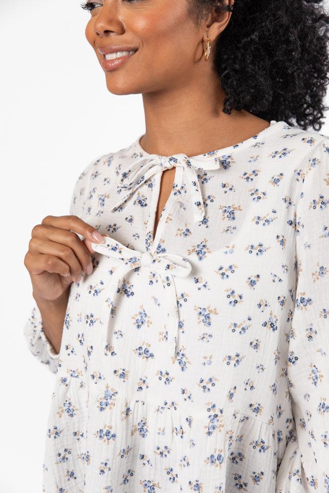 Close To Me Ivory and Blue Bow Detail Floral Blouse FINAL SALE Product Image