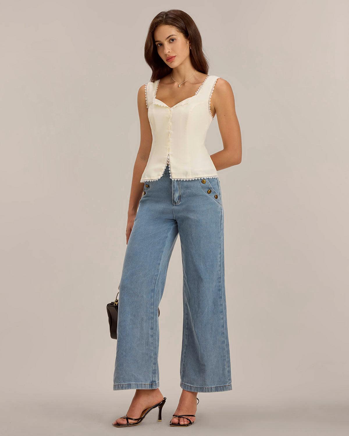 Beige Vest V Neck Lace Tie-Back Vest Product Image