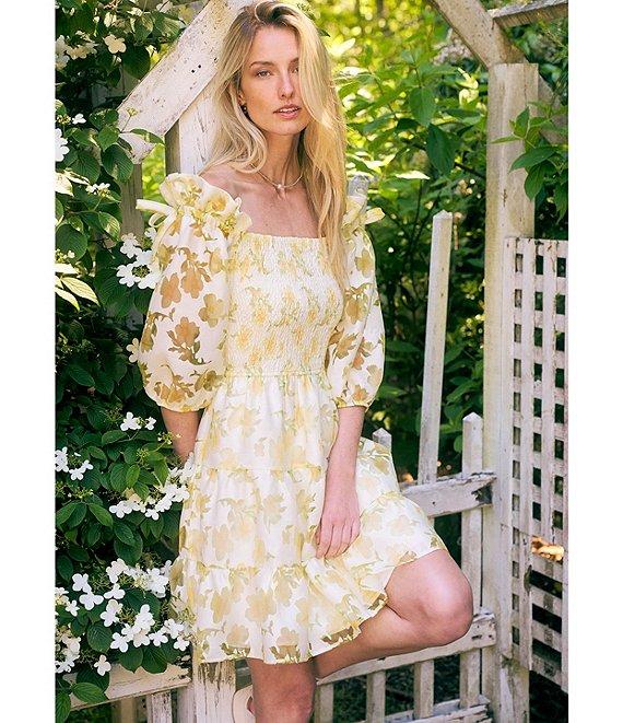 Layered With Love Beau Floral Burnout Jacquard Square Neck 3/4 Sleeve A-Line Mini Dress Product Image