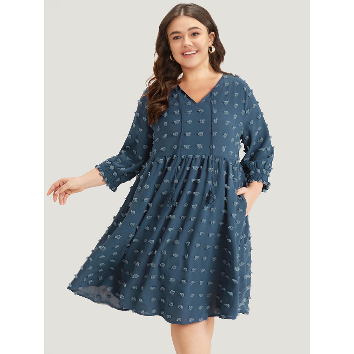 Plus Size Polka Dot Tassels Ties Shirred Cuffs Pocket Dress DarkBlue Women Office Elastic cuffs V-neck Elbow-length sleeve Curvy Midi Dress BloomChic 22-24/3X Product Image