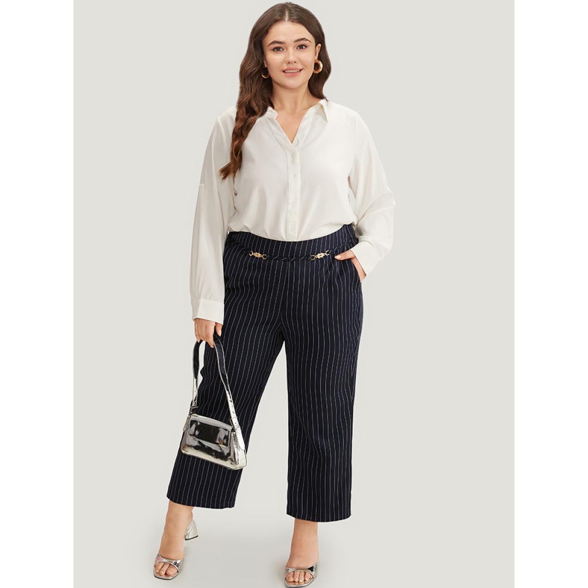 Plus Size Striped Mid Rise Buckle Detail Pants Women DarkBlue Office Straight Leg Mid Rise Work Pants BloomChic 22-24/3X Product Image
