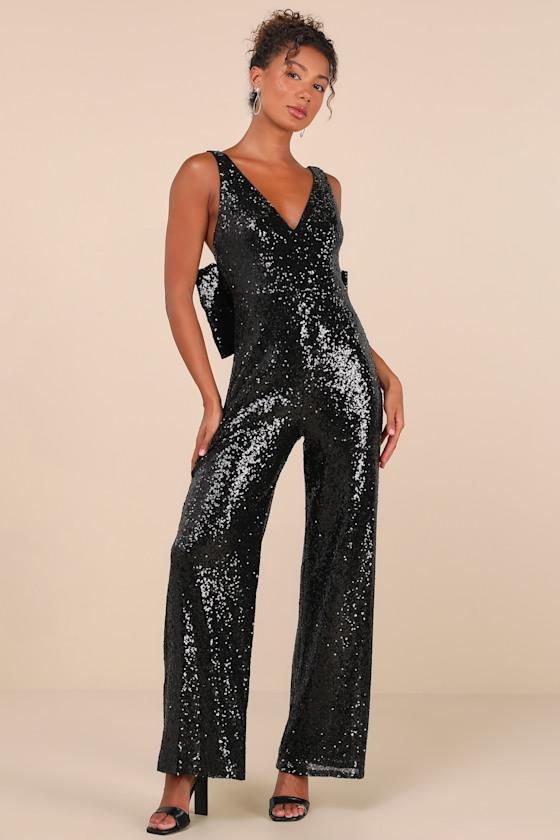 Feeling Sparkly Black Sequin Bow Wide-Leg Jumpsuit Product Image