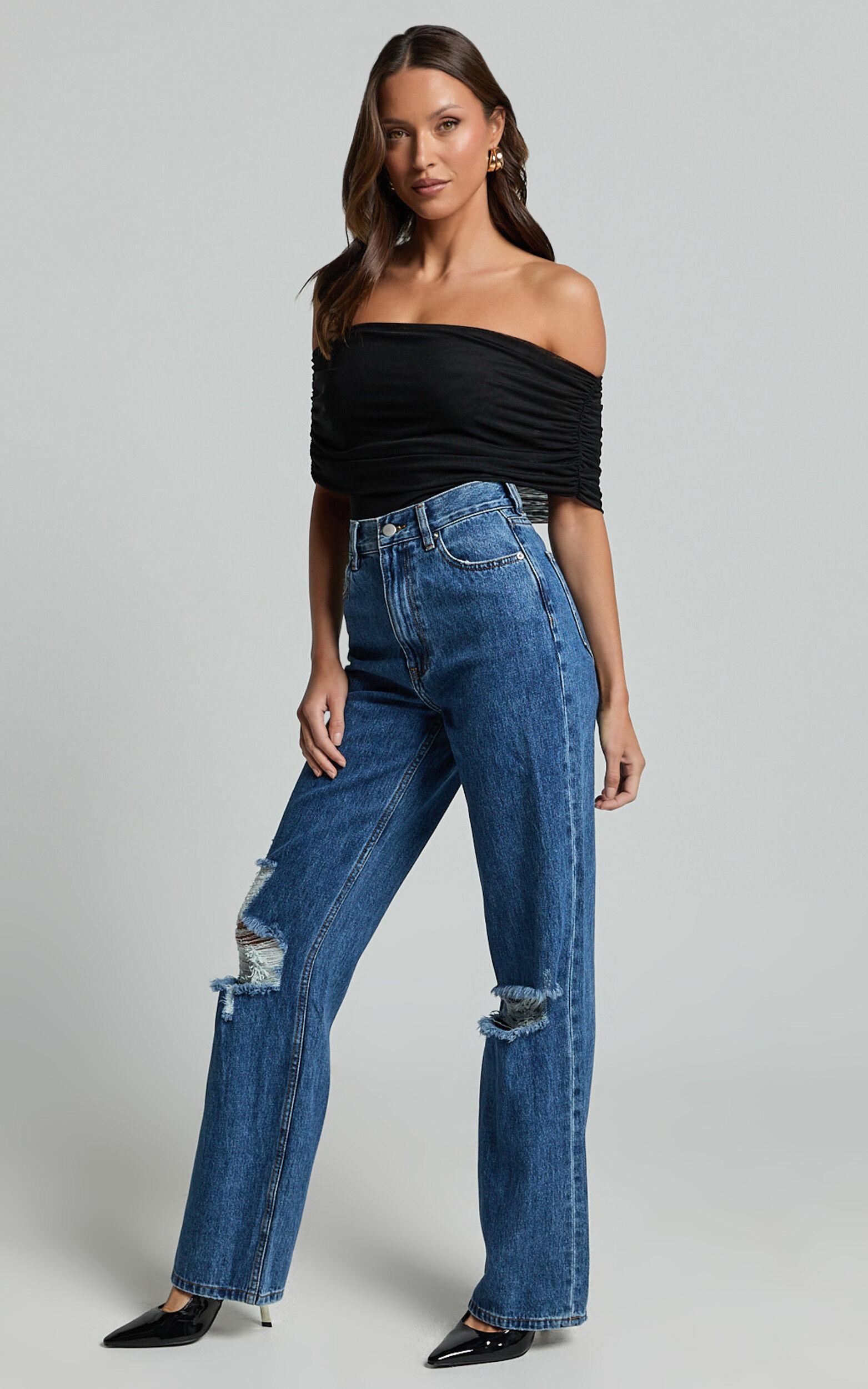Miho Jeans - High Waisted Recycled Cotton Distressed Straight Leg Denim Jeans in Dark Blue Wash Product Image