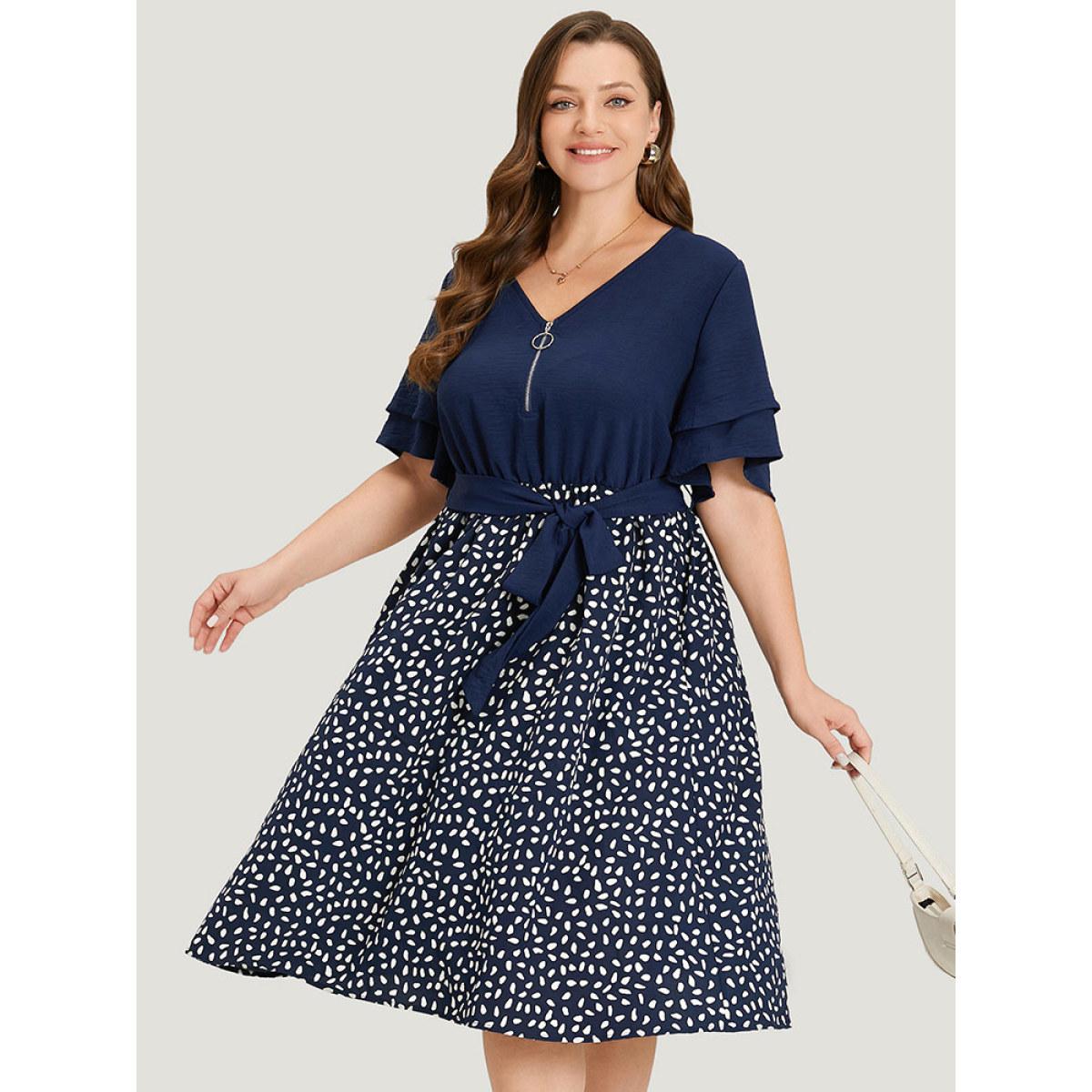 Plus Size Water Drop Print Patchwork Ruffle Zipper Belted Dress Navy Women Office Plain V-neck Short sleeve Curvy Midi Dress BloomChic 22-24/3X Product Image