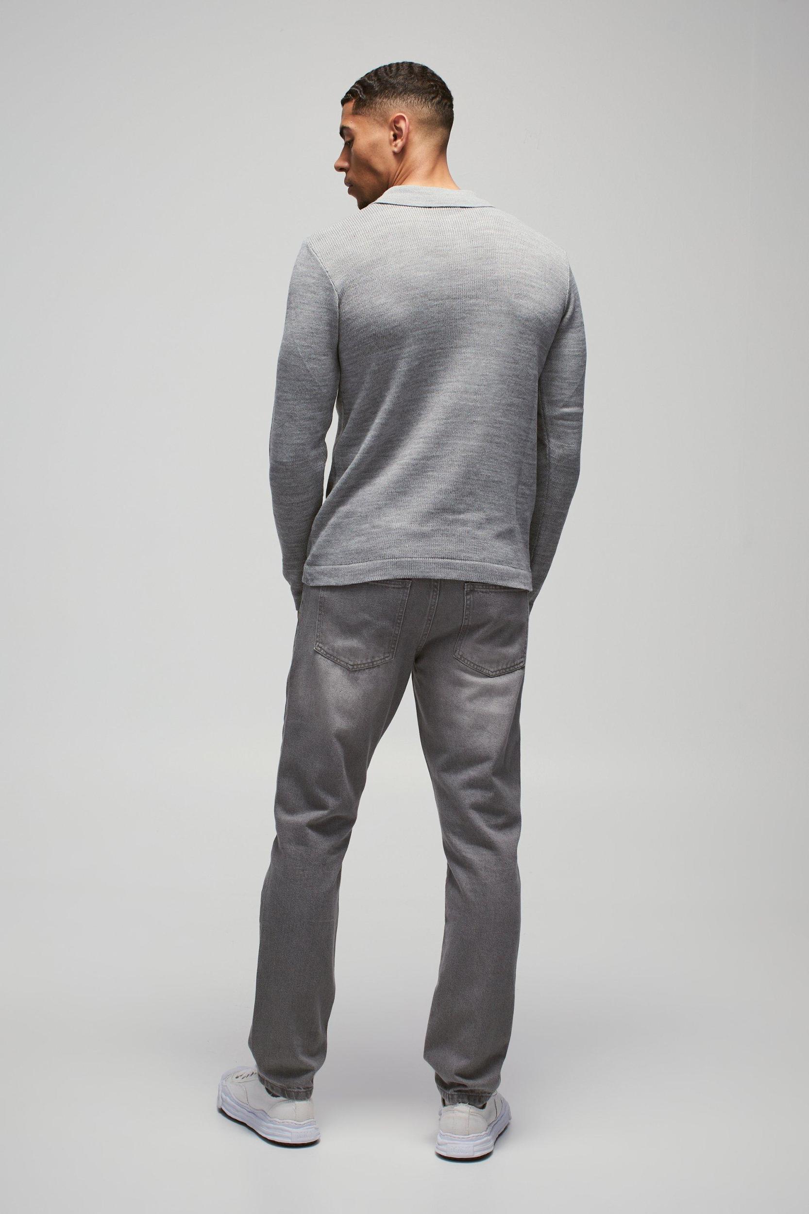 Regular Button Neck Long Sleeve Knitted Polo | boohooMAN USA Product Image