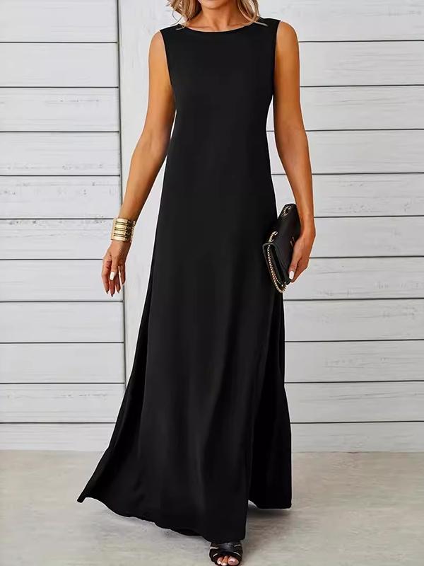 A-Line Loose Solid Color Round-Neck Maxi Dresses Product Image