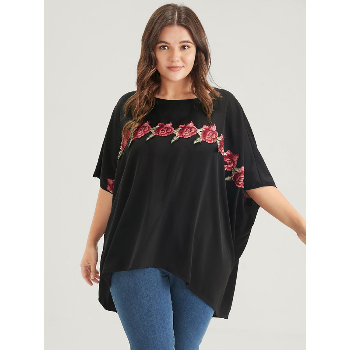 Plus Size Black Plain Ruffles Asymmetrical Hem Dolman Sleeve Embroidered Blouse Women Casual Half Sleeve Round Neck Dailywear Blouses BloomChic 10/M Product Image