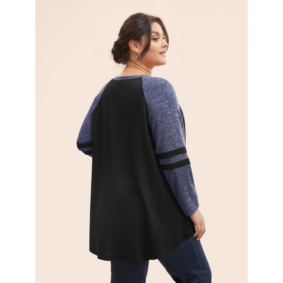 Plus Size Striped Contrast Pocket Raglan Sleeve High Low Hem Sweatshirt Women Emerald Casual Contrast Round Neck Everyday Sweatshirts BloomChic 30/6X Product Image