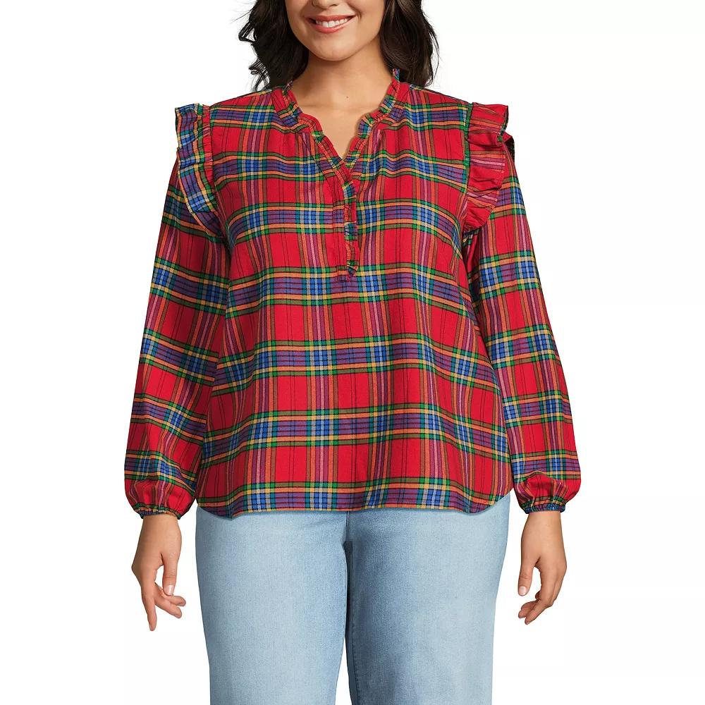 Plus Size Lands' End Ruffle Front Flannel Popover Blouse, Women's, Size: 1XL, Ivory Portobello Product Image
