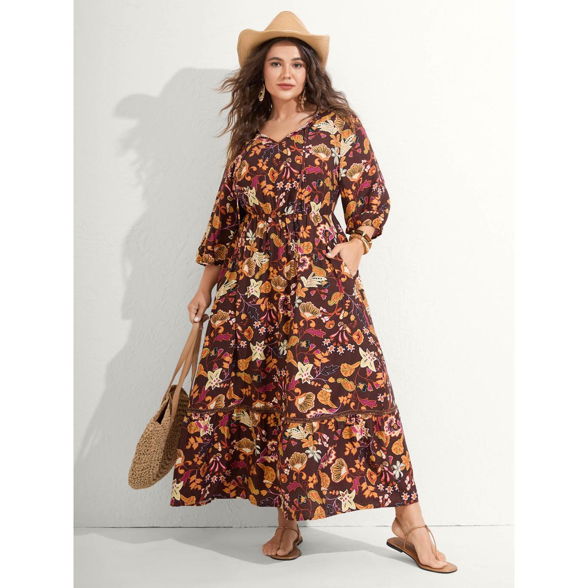 Plus Size Boho Print Stretchy Waist Maxi Dress Browncoffeecolor Women Boho Woven ribbon&lace trim Flat collar with V-notch Elbow-length sleeve Curvy BloomChic 12/L Product Image