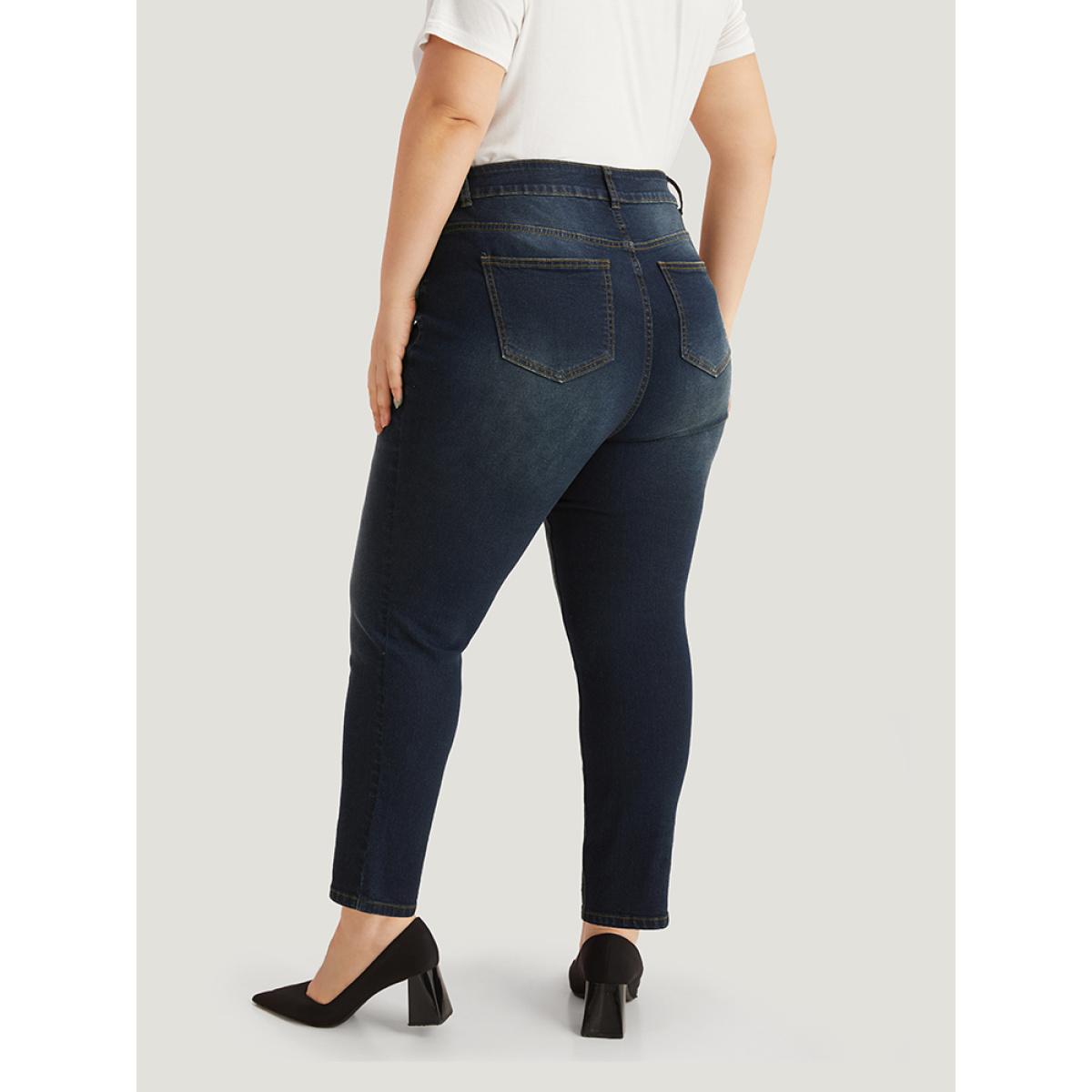 Plus Size Ripped Straight Leg High Rise Jeans Women Midnight Casual Plain Plain High stretch Pocket Jeans BloomChic 16/1X Product Image