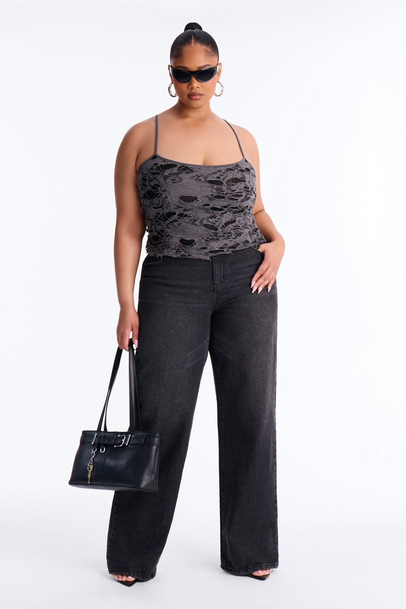 Undone Distressed Scoop Neck Tank Top - Charcoal Female Product Image